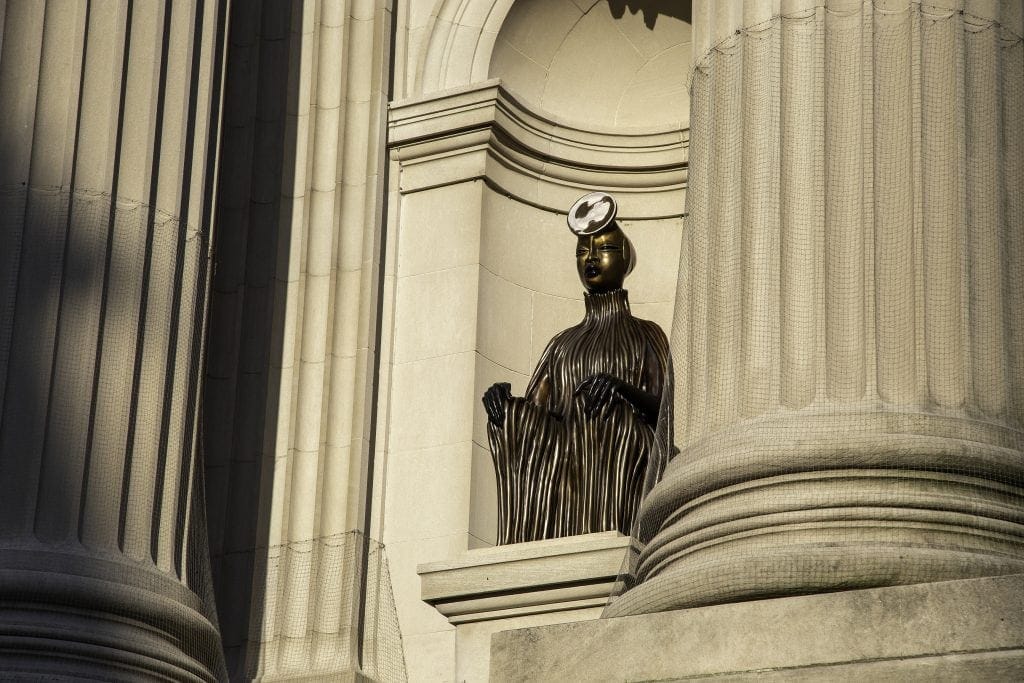 Installation view of The Seated II, 2019 for The Facade Commission: Wangechi Mutu, The NewOnes, will free Us, 2019. Courtesy of the Artist and Gladstone Gallery, New York and Brussels Image credit: The Metropolitan Museum of Art, Photo by Bruce Schwarz