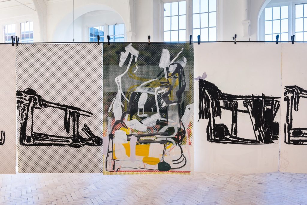 Amy Sillman "Dub Stamp," 2018 a multi-part series of double-sided acrylic, ink, and silkscreen works on paper 152.5 × 101.5 cm each Photo credit: Damian Griffiths