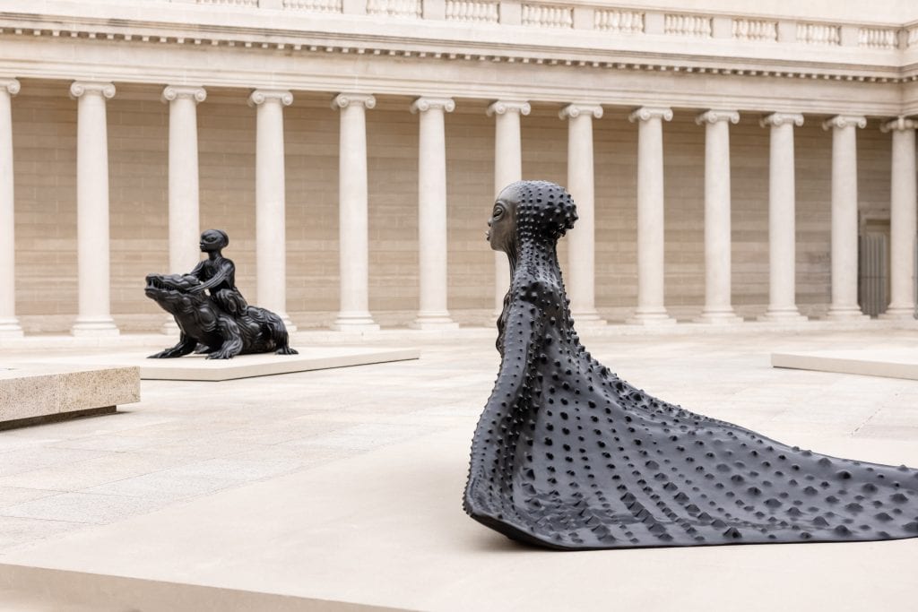 "Wangechi Mutu: I Am Speaking, Are You Listening" installation in the Court of Honor at the Legion of Honor Museum in San Francisco.