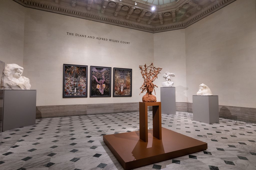Installation view from Wangechi Mutu: I Am Speaking, Are You Listening?, Legion of Honor, San Francisco, 2021.
