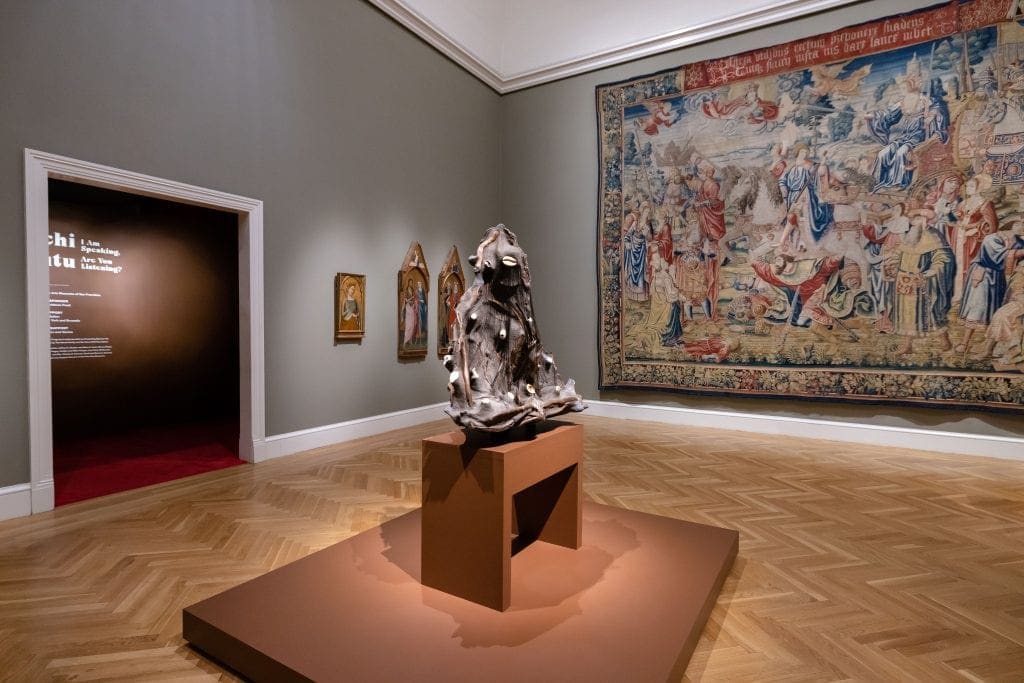 Installation view from "Wangechi Mutu: I Am Speaking, Are You Listening" at the Legion of Honor museum in San Francisco.