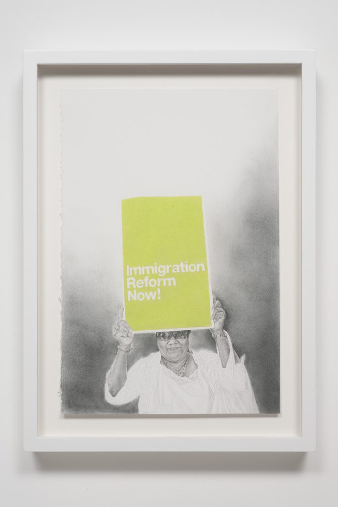 Andrea Bowers, Study from May Day March, Los Angeles 2010 (Immigration Reform Now), 2010, Graphite and colored pencil on paper, 14 1/2” x 11 1/2”