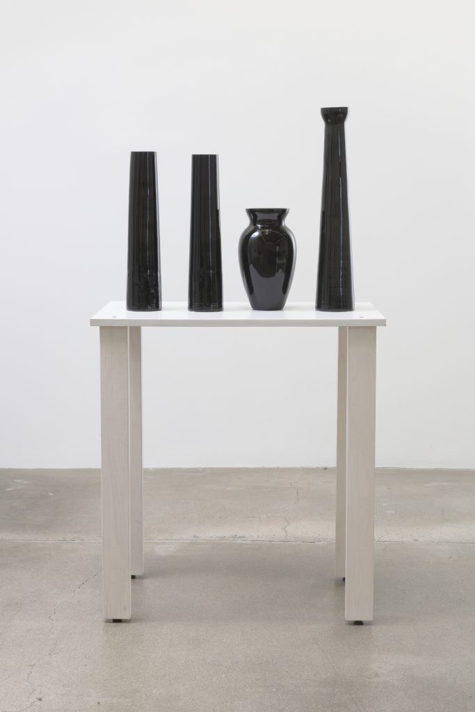 Rodney McMillian, shelf #11, 2016, Wood, glass vases, spray paint, 50.50" H x 16.00" W x 28.00" D, Photo cred: Robert Wedemeyer