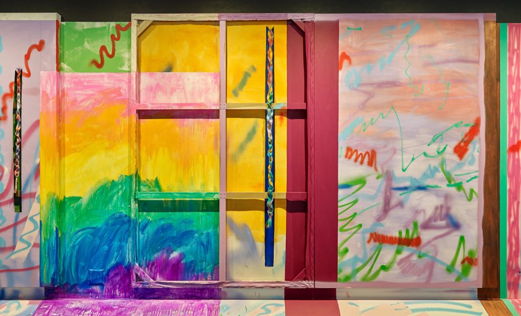 Sarah Cain Site-specific installation “Mountain Song” (detail) at Elk Camp on Snowmass Mountain in collaboration with the Aspen Art Museum, Aspen, CO (November 25, 2017–September 30, 2018)  Installation view Courtesy of the artist and Vielmetter Los Angeles Photo credit: Tony Prikryl