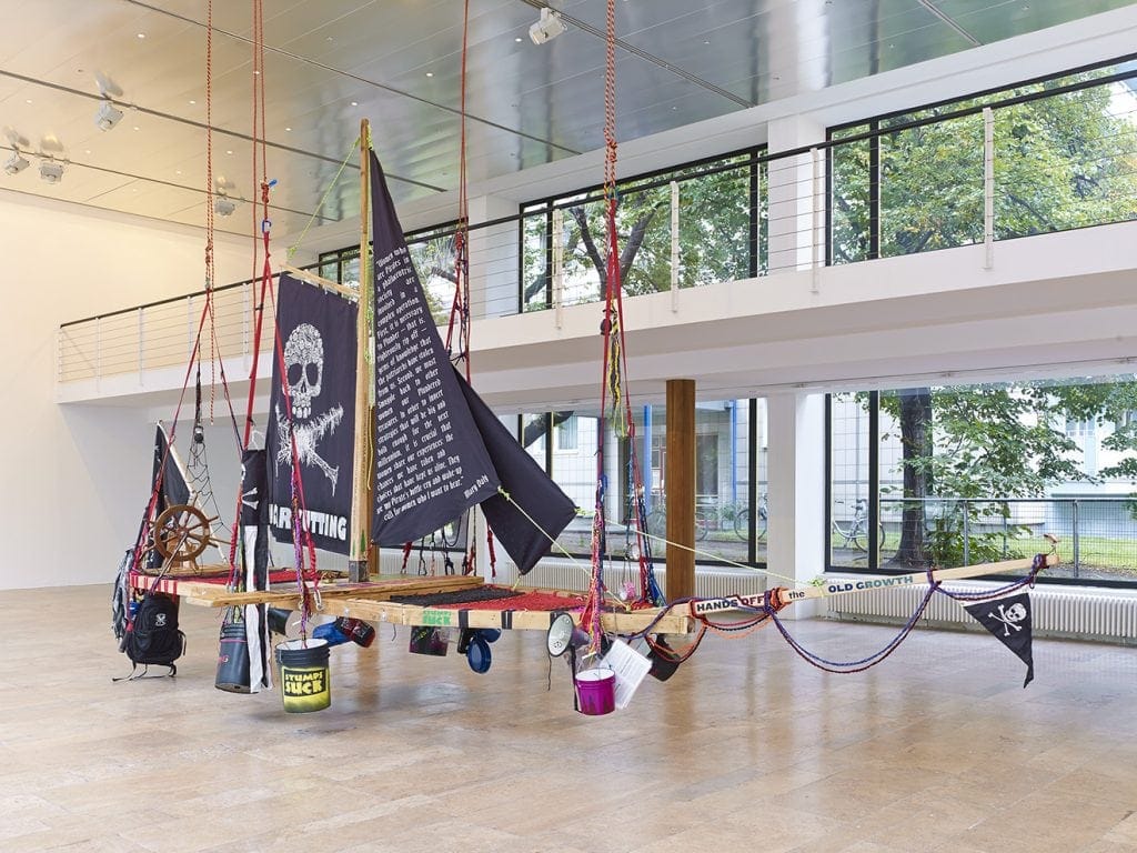Andrea Bowers, "Radical Feminist Pirate Ship Tree Sitting Platform", 2013, Recycled wood, rope, carabiners, misc. equipment and supplies, 203 x 749 x 152 cm, Installation view, 19.09.-19.11.2013, Photo: Nick Ash, Courtesy Capitain Petzel, Berlin
