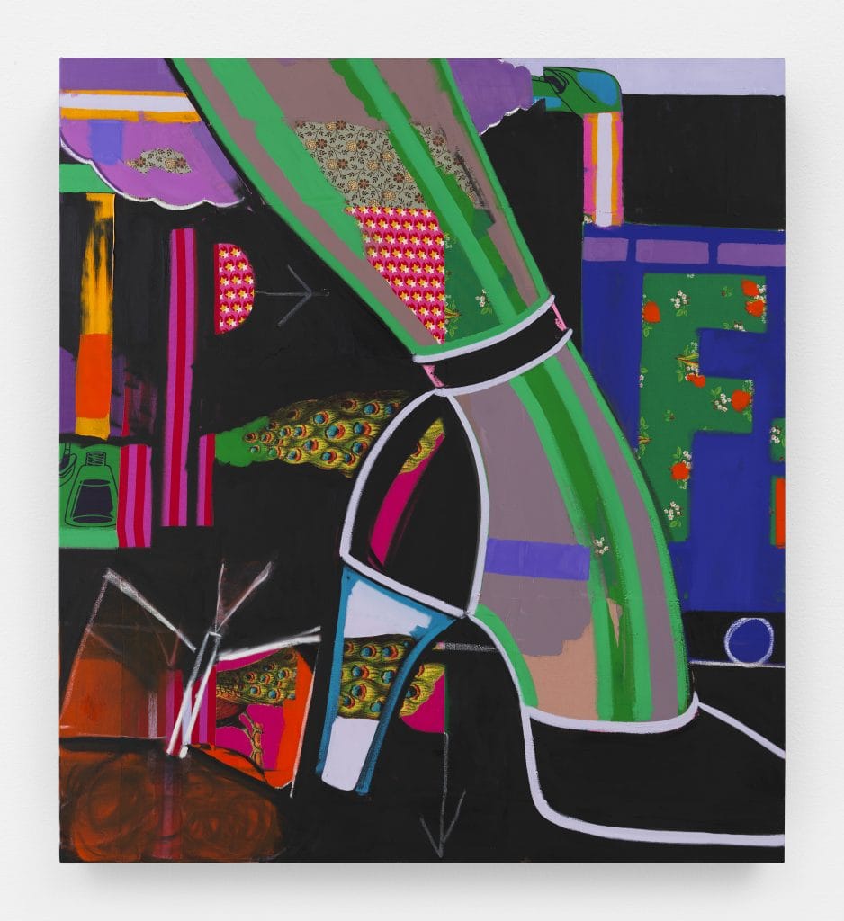 Ellen Berkenblit, Peacock City, 2018  Oil, paintstick and charcoal on calico 49 x 44" [HxW] (124.46 x 111.76 cm)  Courtesy of the artist and Susanne Vielmetter Los Angeles Projects Photo credit: Object Studies
