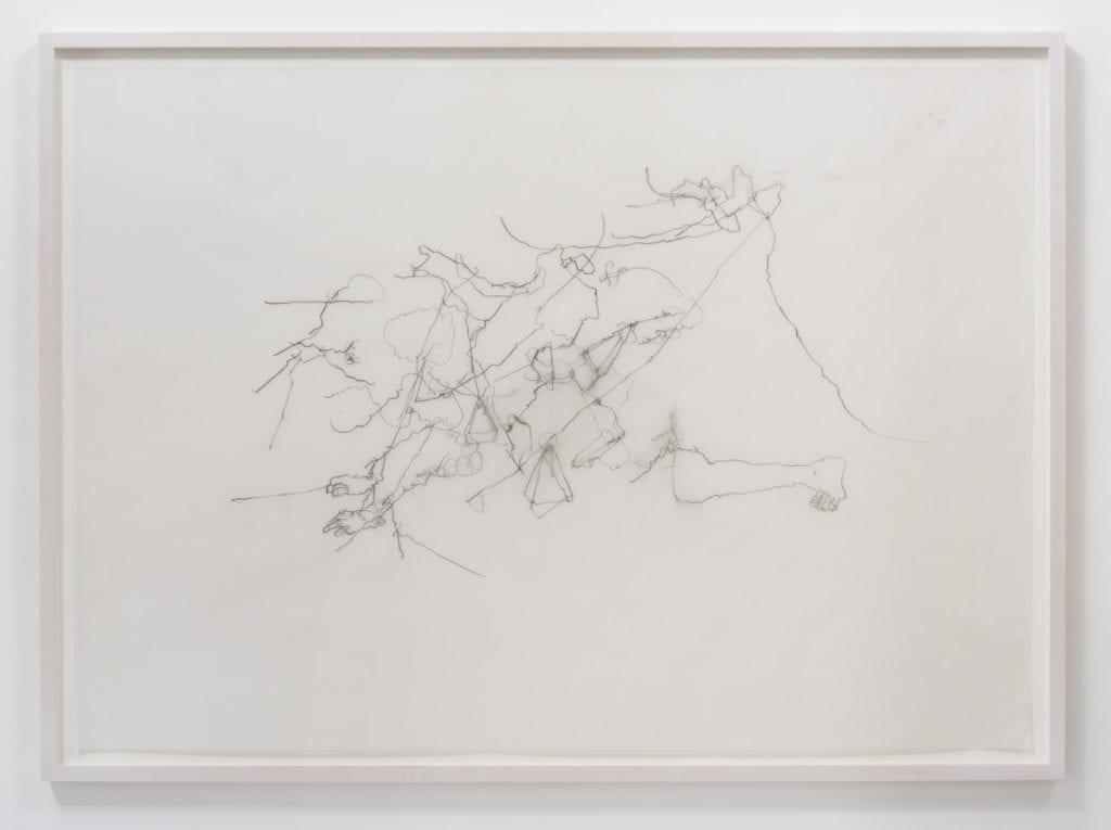 Chloe Piene, Valk. Blind (Aveugle), 2015, Charcoal on vellum, 43" H x 60.50" W (109.2 cm H x 153.7cm) paper size, 47" H x 64.75" W x 2" D (119.38 cm H x 164.47 cm W x 5.08 cm D) framed, Photo cred: Robert Wedemeyer