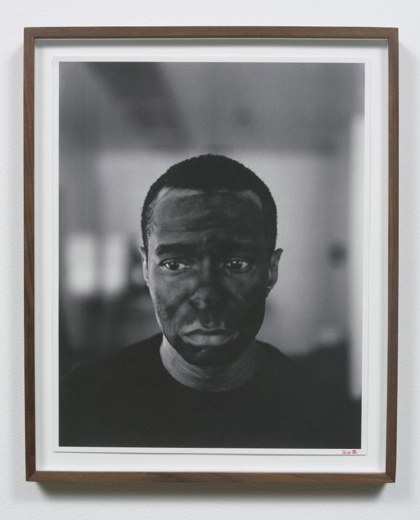 Edgar Arceneaux, First Dress: Frank Lawson as Ben Vereen as Bert Williams, 2017, Black and white photograph, 21 x 17.25 x 1.5" [HxWxD], Photo credit: Robert Wedemeyer
