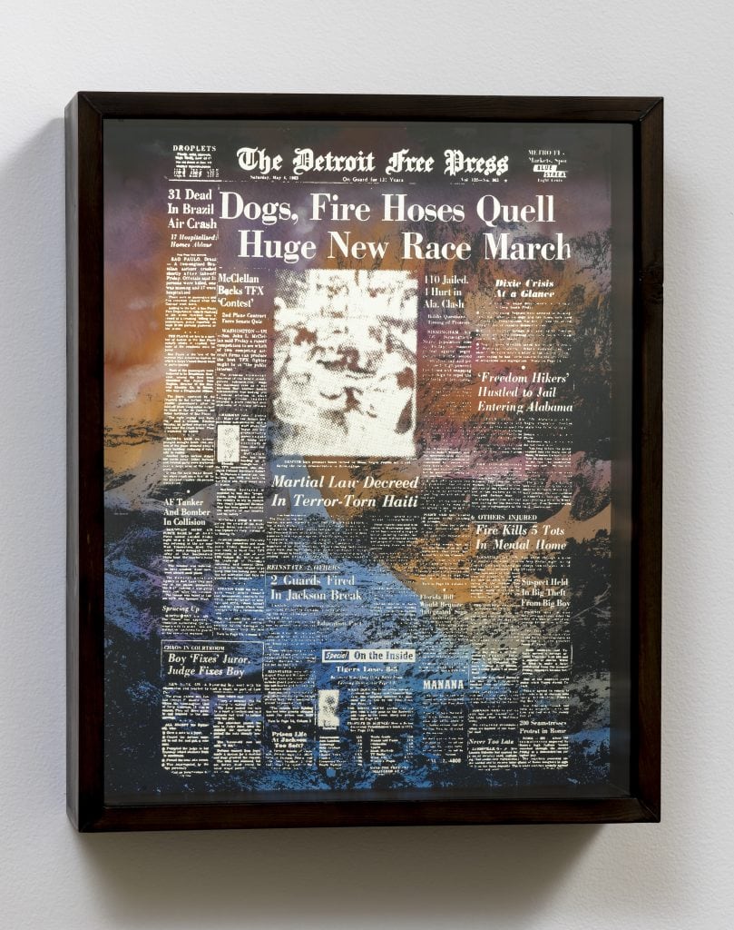 Edgar Arceneaux, Blooms Above the Headlines, (Time of Tragedy), 2017, Watercolor and enamel on paper, wood and mirrored glass. 33.25 x 22.75 x 4.75, 33.25 x 22.75 x 4.75 inches, Photo credit: Robert Wedemeyer