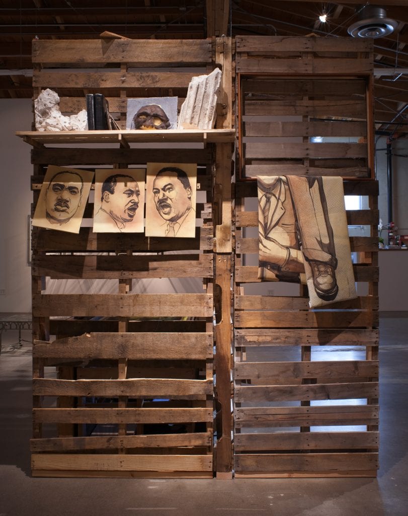 Edgar Arceneaux, A Book and a Medal: Disentanglement Equals Homogenous Abstractions, 2014, Installation view, SVLAP Solo Show, September 6 - October 18, 2014; Photo credit: Robert Wedemeyer