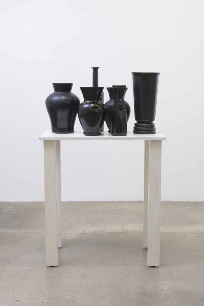 Rodney McMillian, shelf #9 , 2016, Wood, glass vases, spray paint, 46.00" H x 16.00" W x 28.00" D, Photo cred: Robert Wedemeyer