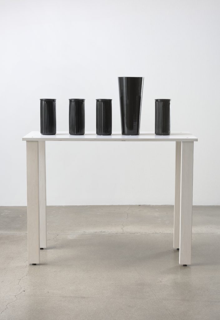 Rodney McMillian, shelf #1, 2016, Wood, glass vases, spray paint, 44.25" H x 16.00" W x 40.00" D, Photo cred: Robert Wedemeyer