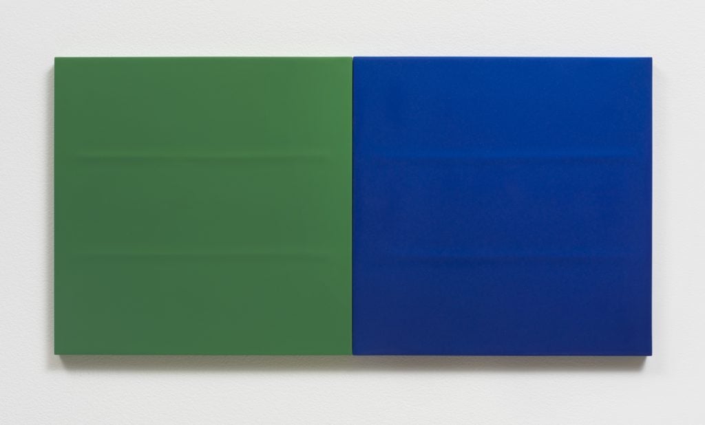 Lies Kraal, 16-3, 2016, Acrylic on hardboard panels, 15" H x 30" W (38.1 cm H x 76.2 cm W) (diptych), Photo cred: Robert Wedemeyer