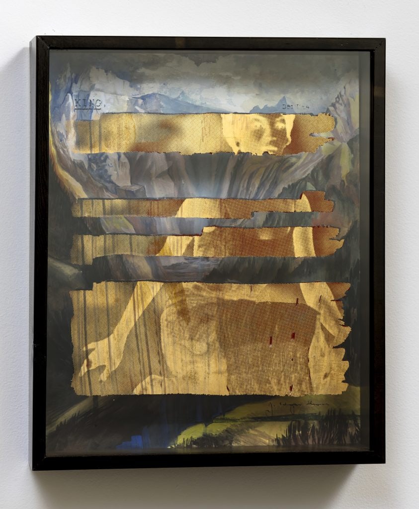 Edgar Arceneaux, King Edgar Dreams in Watercolors, I, 2017, Watercolor and enamel on paper, wood and mirrored glass, 25 x 20.5 x 5" [HxWxD], Photo credit: Robert Wedemeyer