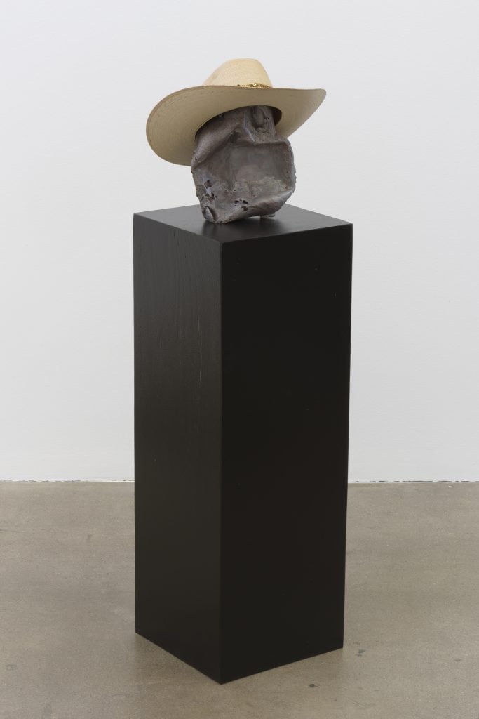 Edgar Arceneaux, Red Ronnie, 2017, Cast aluminum, enamel, hat, pedestal, 48.75 x 12.5 x 12.75" [HxWxD], Photo credit: Robert Wedemeyer