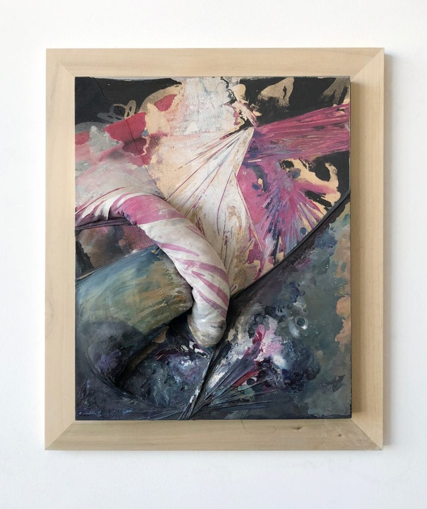 April Street, A knight's tale with pink vase, 2017, Acrylic paint and hosiery fabric on wood panel, 24 x 20 x 4.5" [HxWxD]