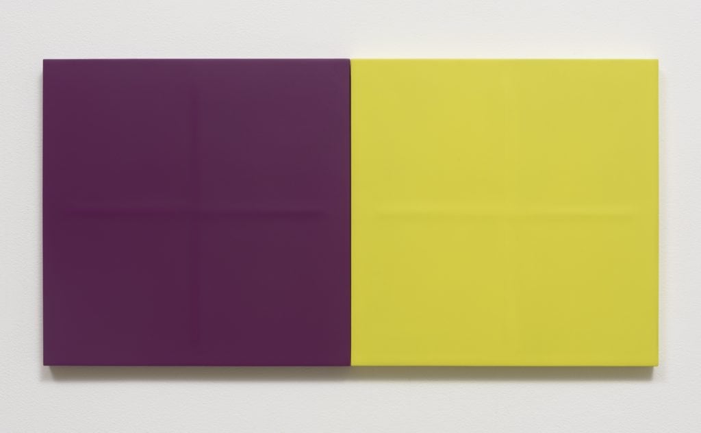 Lies Kraal, 16-1, 2016, Acrylic on hardboard panels, 15" H x 30" W (38.1 cm H x 76.2 cm W) (diptych), Photo cred: Robert Wedemeyer