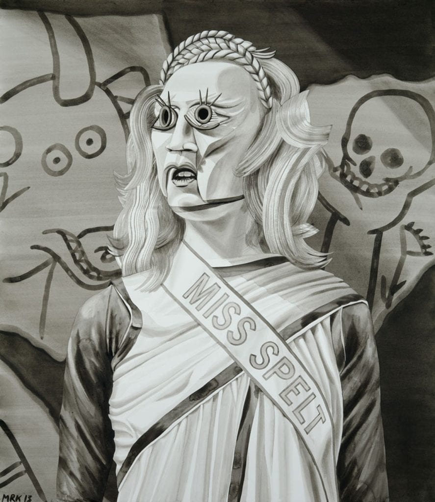 Mary Reid Kelley & Patrick Kelley, Miss Spelt, 2013, Collage, watercolor and charcoal on paper, 17.5" H x 25.5" W paper size, 35.5" H x 31.5" W framed, Photo Credit Robert Wedemeyer