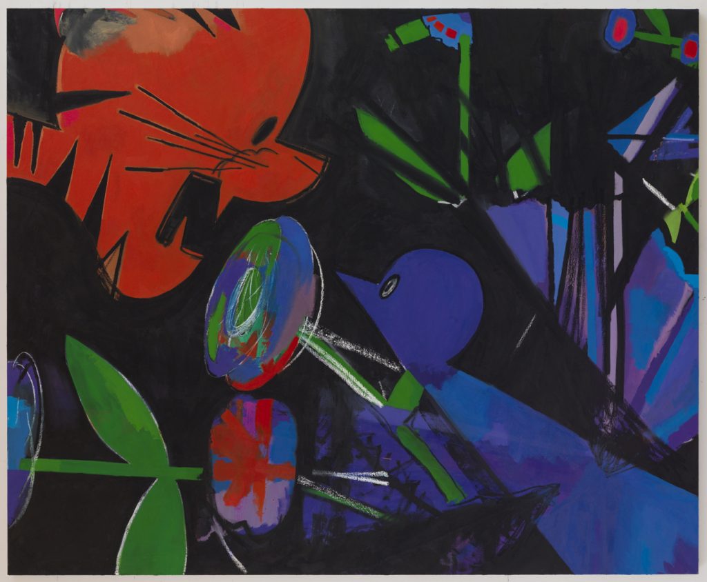 Ellen Berkenblit, Tigers vs Peacocks, 2015, Oil and paint stick on linen, 76" H x 92" W, Photo cred: Adam Reich