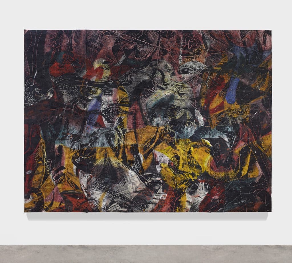 Angel Otero, It can Never be the Same at Night, 2016, Oil paint and fabric collaged on canvas, 72 " H x 96" W x 2.50" D (182.88 cm H x 243.84 cm W x 6.35 cm D), Photo cred: Martin Parsekian
