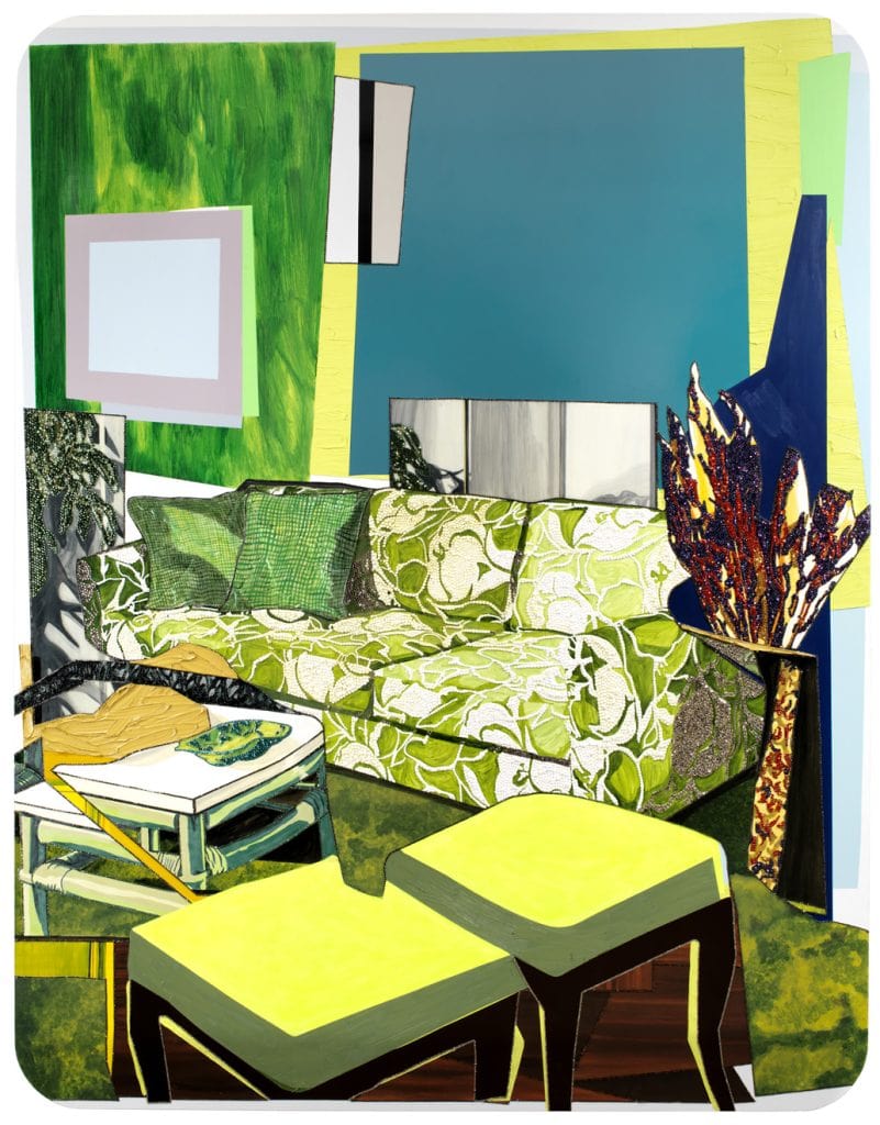 Mickalene Thomas, Interior: Green and White Couch, 2012, Rhinestones, acrylic and enamel on wood panel, 108" H x 84" W x 2" D (274.32 cm H x 213.36 cm W x 5.08 cm D)