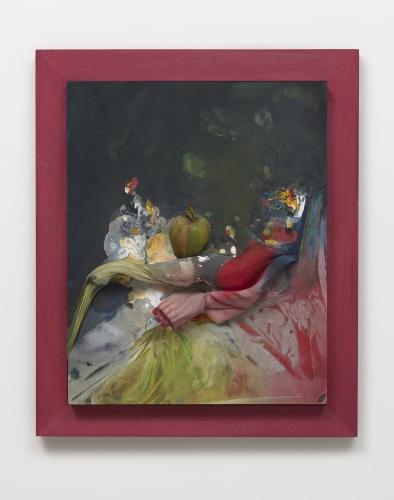April Street, An arrangement with apple and bird, 2017, Acrylic paint and hosiery fabric on wood panel, 24 x 20 x 3.5" [HxWxD], Photo credit: Robert Wedemeyer