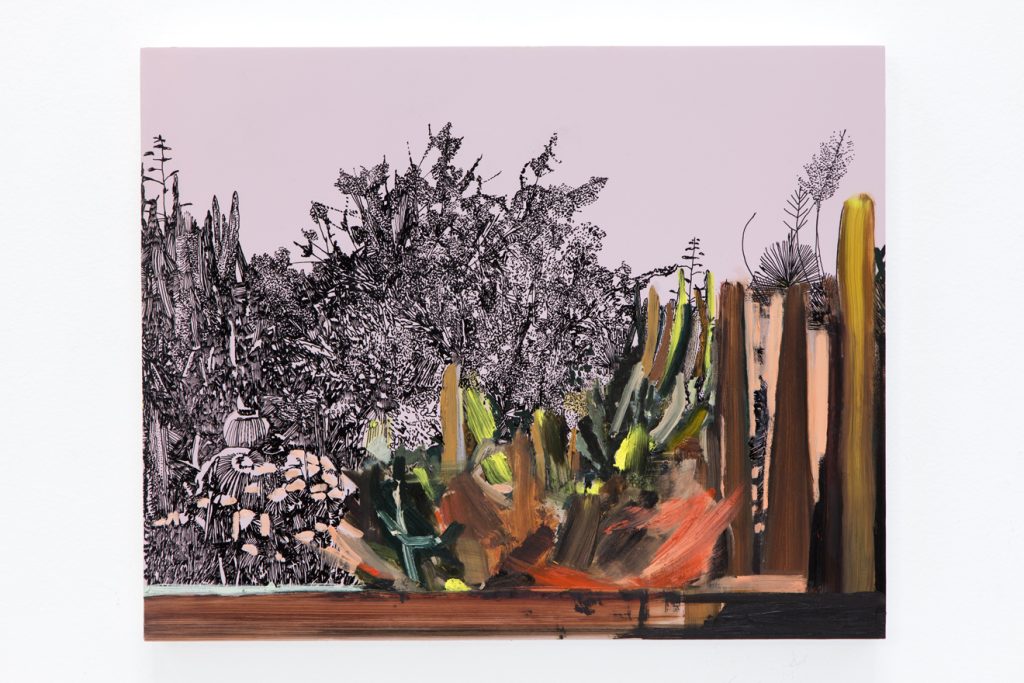 Whitney Bedford, The Dirty Campfire, 2015, Ink and oil on panel, 16" H x 20" W, Photo cred: Evan Bedford