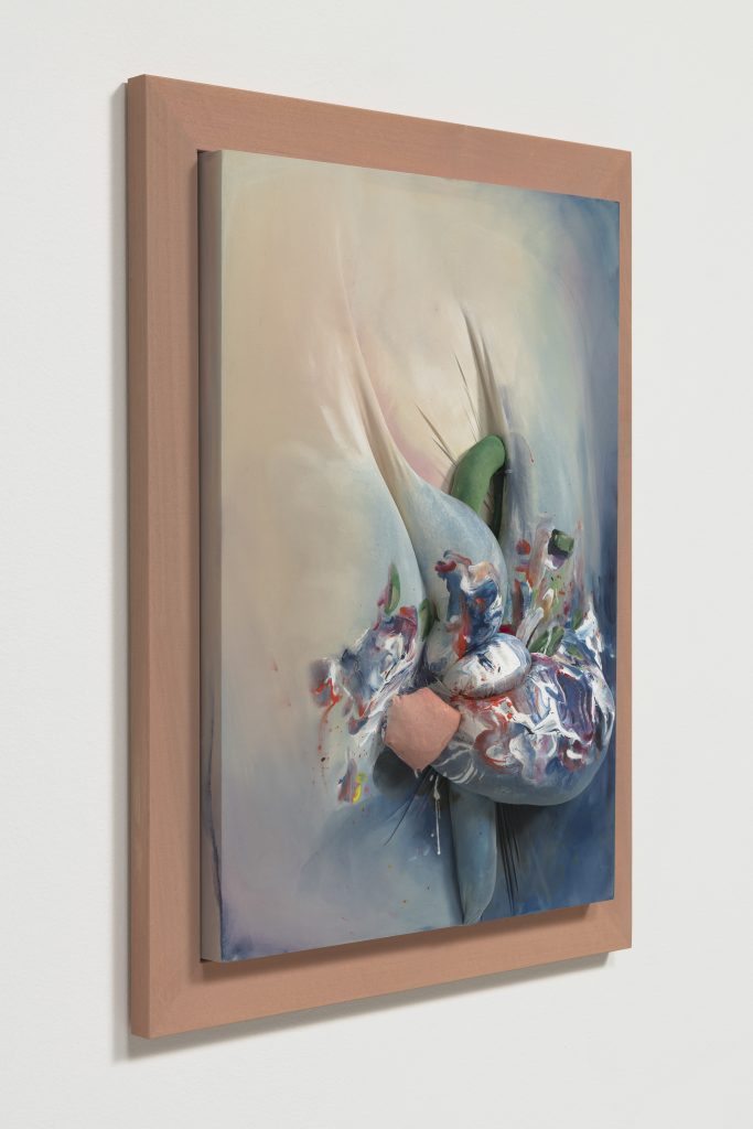 April Street, "Still life with compact powder and sea monster," detail, 2017, Acrylic paint and hosiery fabric on wood panel, 28 x 22 x 5" [HxWxD], Photo credit: Robert Wedemeyer