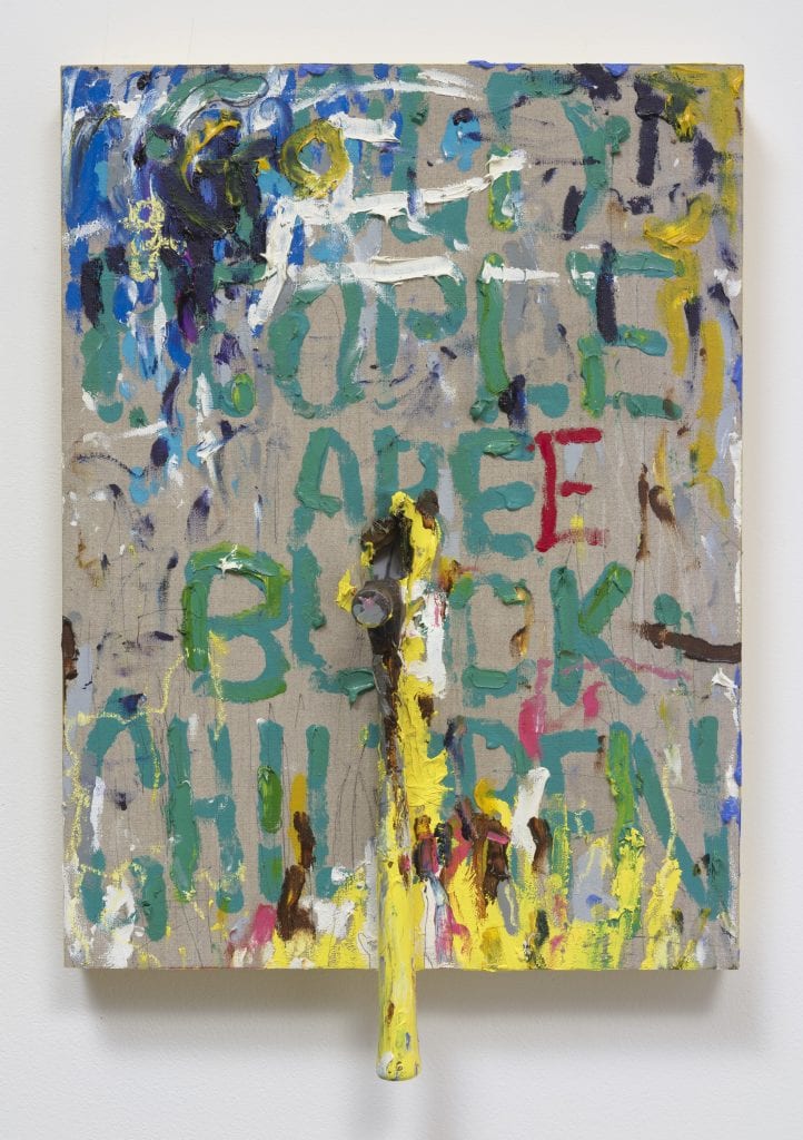 Pope.L, Gold People Are Black Children, 2015, Oil and hammer on linen, 24" H x 18" W