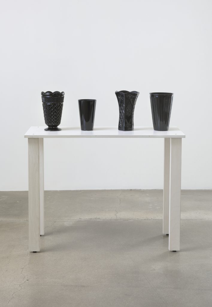 Rodney McMillian, shelf #3, 2016, Wood, glass vases, spray paint, 40.50" H x 16.00" W x 40.00" D, Photo cred: Robert Wedemeyer