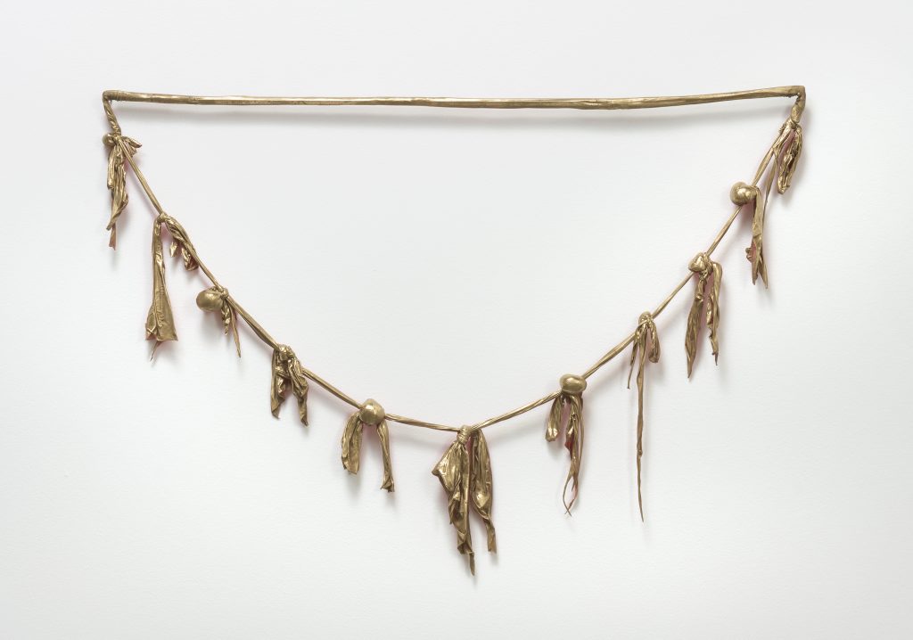April Street, Bow, 2017, Acrylic, resin, Gold Leaf, hosiery fabric, bronze nails, Acrylic, resin, Gold Leaf, hosiery fabric, bronze nails, Photo credit: Robert Wedemeyer