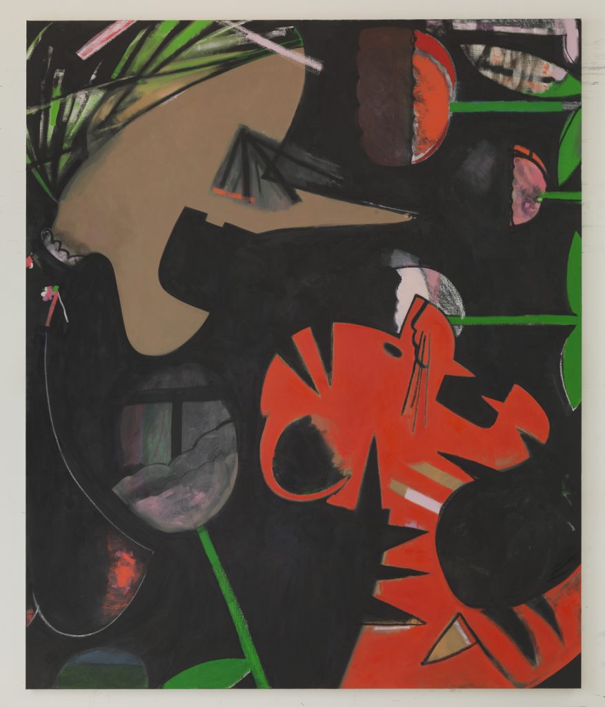 Ellen Berkenblit, Tigers vs Gooseberries, 2015, Oil, charcoal and paint stick on linen, 93" H x 76" W, Photo cred: Adam Reich