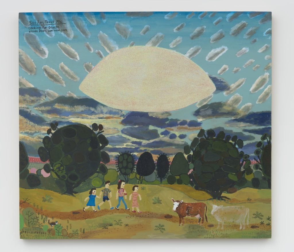 Esther Pearl Watson, Looking for Ghosts, 2018, Acrylic and glitter on panel, 36 x 40 x 2" [HxWxD], Photo credit: Robert Wedemeyer