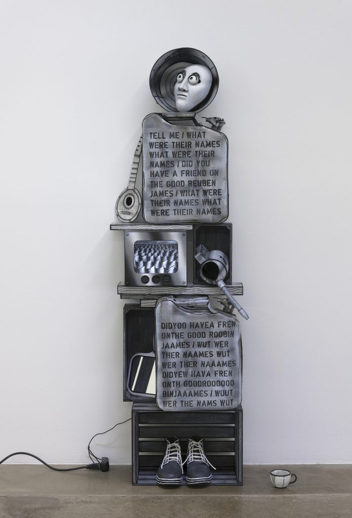 Mary Reid Kelley & Patrick Kelley, Memorial to the USS Reuben James, 2018, Custom monitor with custom electronics and video with sound; painted wood, metal, leather, and glass; painted neopreme and polymer clay mask, 72 x 28 x 15" [HxWxD] (182.88 x 71.12 x 38.1 cm), Photo credit: Robert Wedemeyer