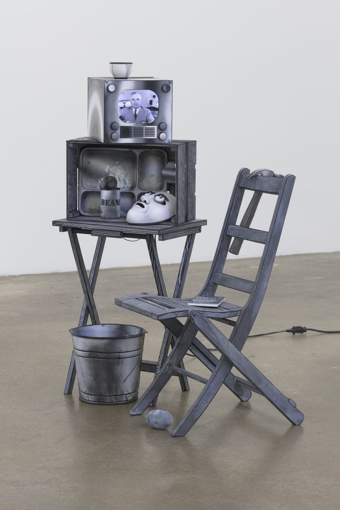 Mary Reid Kelley & Patrick Kelley, Strong Poison, 2018, Custom monitor with custom electronics and video with sound; painted wood, metal, glass, and plastic; painted neopreme and polymer clay mask, 49 x 41 x 29" [HxWxD] (124.46 x 104.14 x 73.66 cm); Video RT 5:02, Photo credit: Robert Wedemeyer