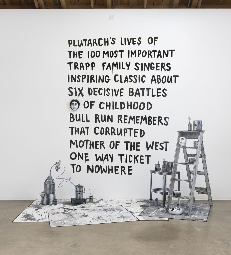 Mary Reid Kelley & Patrick Kelley, Six Decisive Battles of Childhood,, 2018, Painted wooden ladder, table and wall text; painted neopreme and polymer clay masks; canvas cloth with paint, 144 x 37.5 x 84" [HxWxD] (365.76 x 95.25 x 213.36 cm) dimensions variable, Photo credit: Robert Wedemeyer
