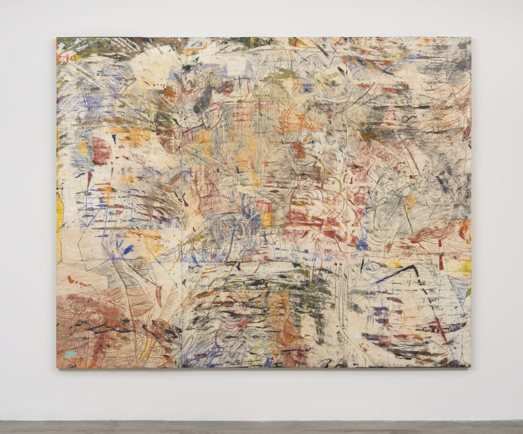Angel Otero, Voice and Echo, 2016, Oil paint and fabric collaged on canvas., 96" H x 120" W x 2" D (243.84 cm H x 304.8 cm W x 5.08 cm D), Photo cred: Robert Wedemeyer