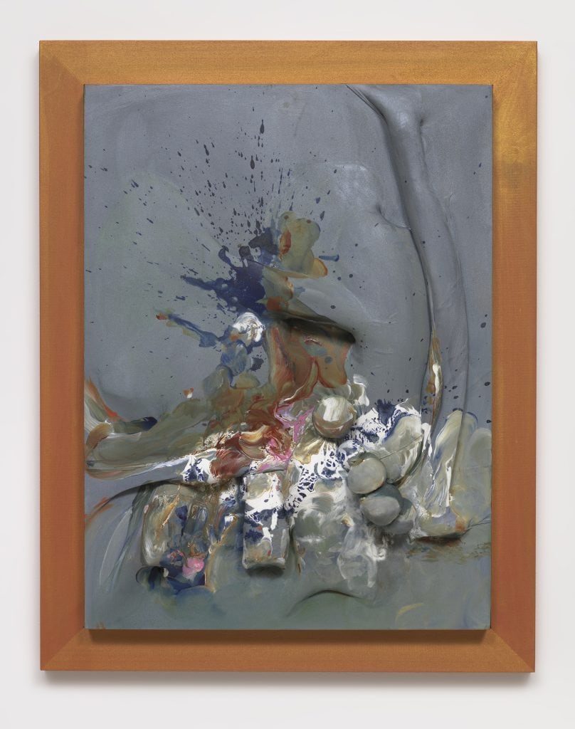 April Street, Fall to earth, 2017, Acrylic paint and hosiery fabric on wood panel, 28 x 22 x 4.5" [HxWxD], Photo credit: Robert Wedemeyer