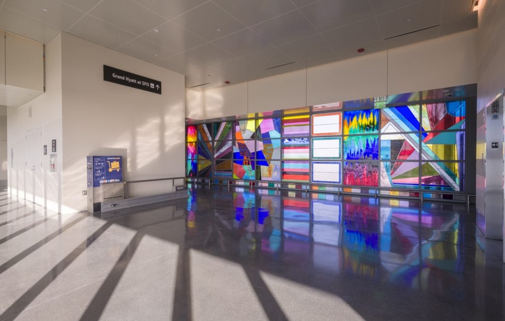Sarah Cain Site-specific installation "We Will Walk Right Up To The Sun" [detail] at the San Francisco International Airport Grand Hyatt Hotel Air Train Station, San Francisco, CA 10 x 150 ft Installation view Courtesy of the artist and Vielmetter Los Angeles  Photo credit: Jeff McLane