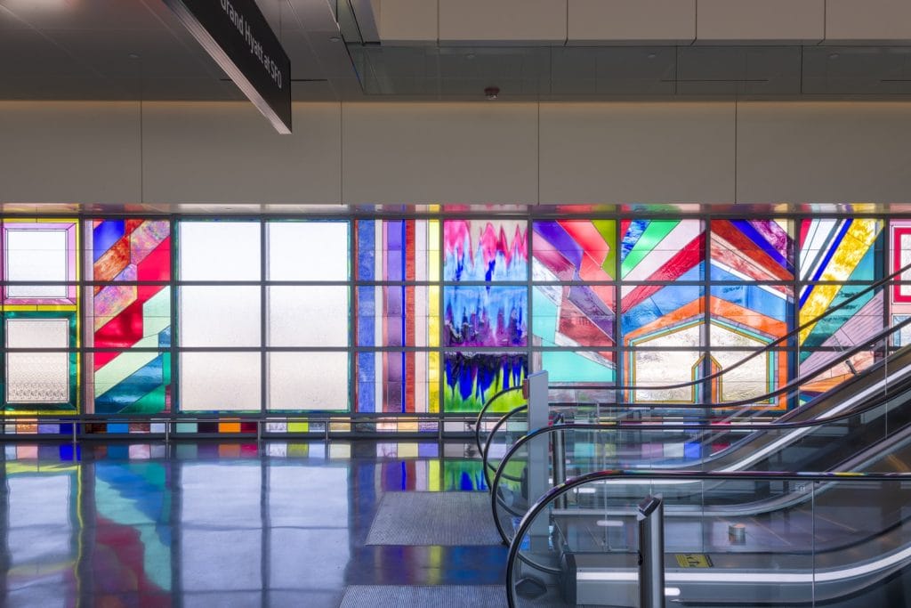 Sarah Cain Site-specific installation "We Will Walk Right Up To The Sun" [detail] at the San Francisco International Airport Grand Hyatt Hotel Air Train Station, San Francisco, CA 10 x 150 ft Installation view