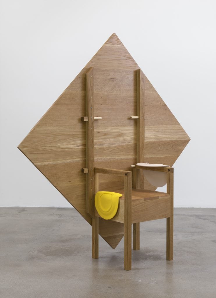 Shana Lutker, As Many Versions as Witnesses, no. 5, 2015, Wood (maple), Table position: 28.75" tall x 56" wide x 56" deep, chair position: 69" tall x 56" wide x 56" deep, Photo cred: Robert Wedemeyer
