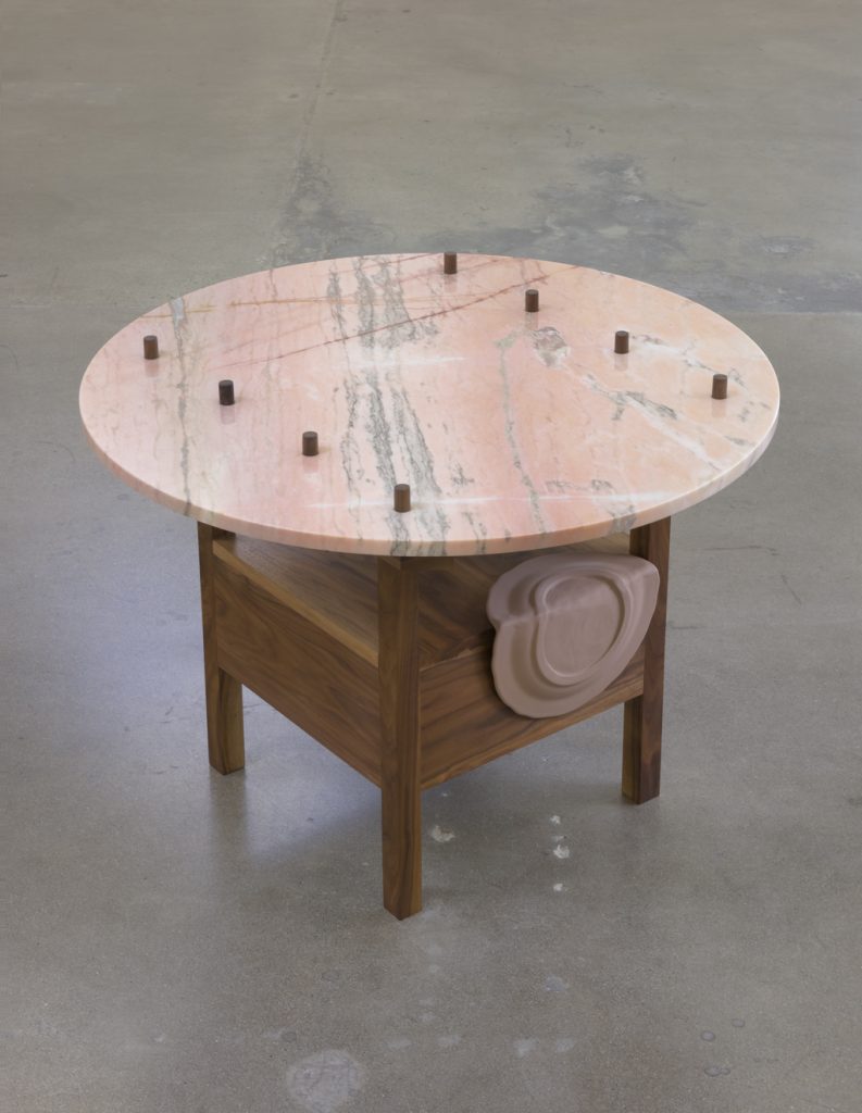 Shana Lutker, As Many Versions as Witnesses, no. 2, 2015, Wood (walnut), marble, Table position: 26" tall x 36" wide x 36" deep, Photo cred: Robert Wedemeyer