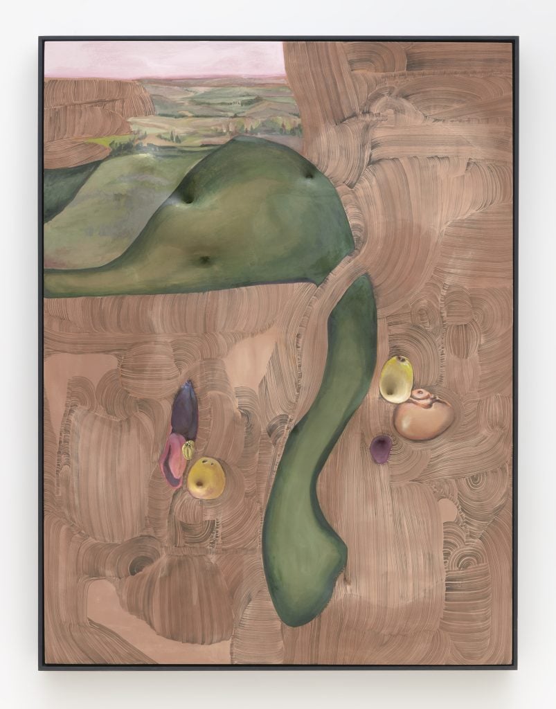 April Street “Land with Fruits,” 2019 Acrylic and nylon on wood panel and canvas with hand painted frame 48.75 x 37 x 4" [HxWxD] (123.83 x 93.98 x 10.16 cm) Inventory #STR146 Courtesy of the artist and Vielmetter Los Angeles Photo credit: Robert Wedemeyer