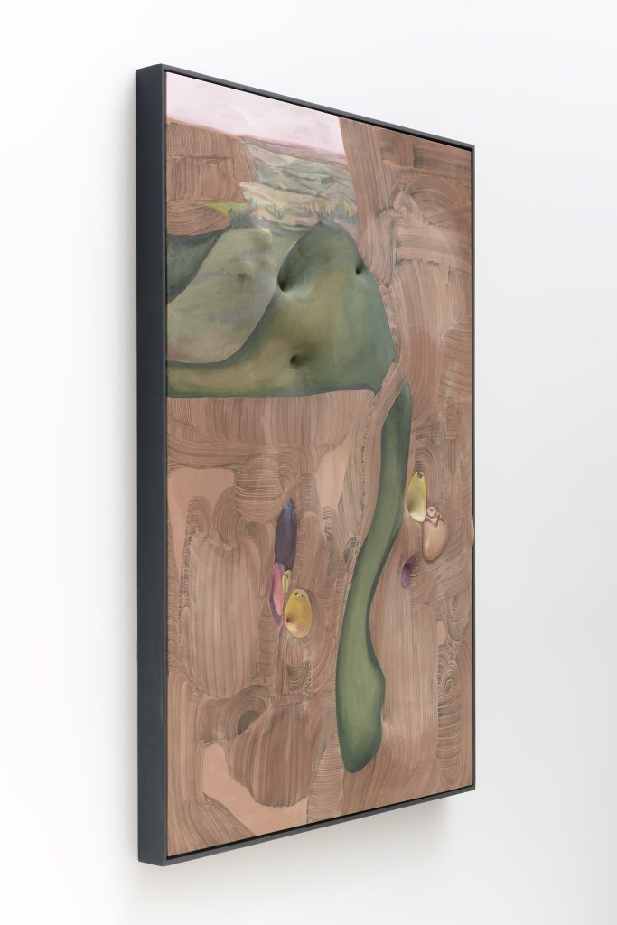 April Street “Land with Fruits,” 2019 Acrylic and nylon on wood panel and canvas with hand painted frame 48.75 x 37 x 4" [HxWxD] (123.83 x 93.98 x 10.16 cm) Inventory #STR146 Courtesy of the artist and Vielmetter Los Angeles Photo credit: Robert Wedemeyer