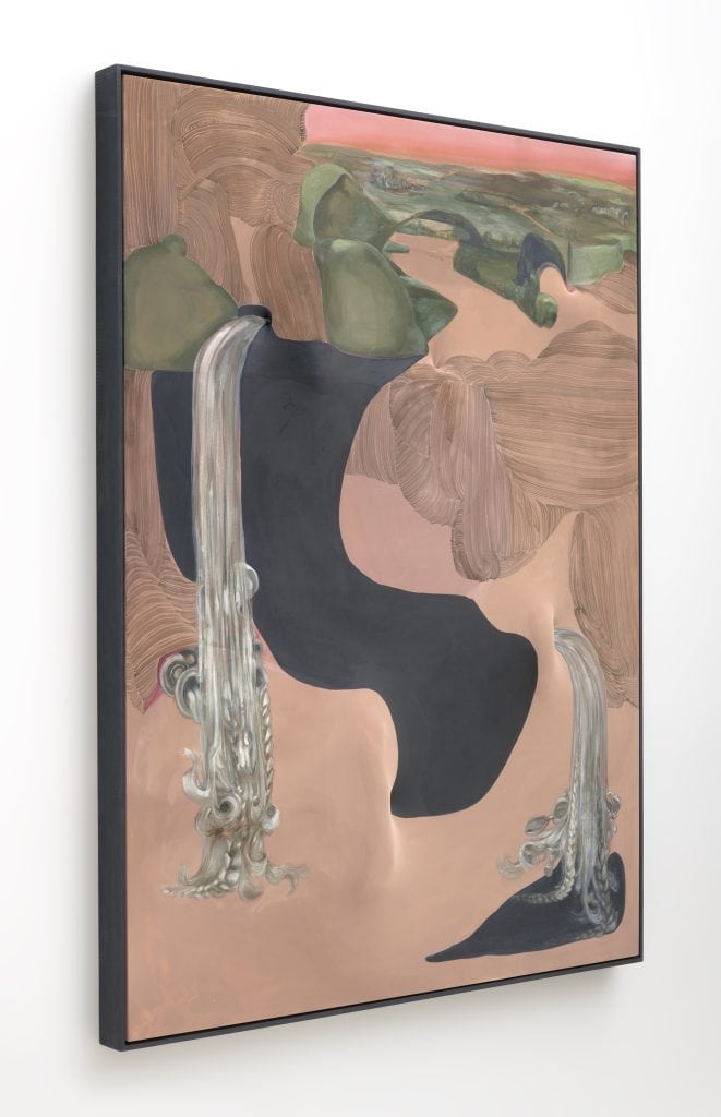 April Street “Treasure Islands #1,” 2019 Acrylic and nylon on wood panel and canvas with hand painted frame 61.25 x 49.25 x 4.5" [HxWxD] (155.58 x 125.1 x 11.43 cm) Inventory #STR148 Courtesy of the artist and Vielmetter Los Angeles Photo credit: Robert Wedemeyer Signed on verso