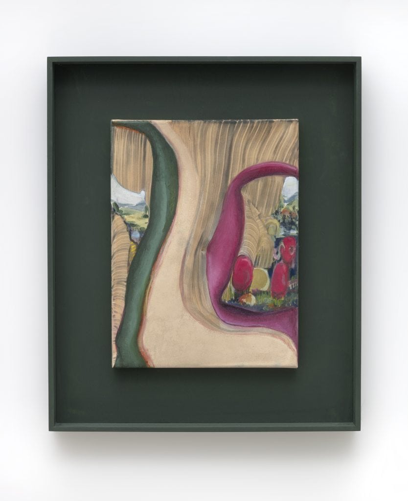 April Street “Mask with Red Fruit,” 2019 Acrylic and nylon on wood panel and canvas with hand painted frame 18 x 15 x 1.75" [HxWxD] (45.72 x 38.1 x 4.45 cm) Inventory #STR154 Courtesy of the artist and Vielmetter Los Angeles Photo credit: Robert Wedemeyer Signed on verso