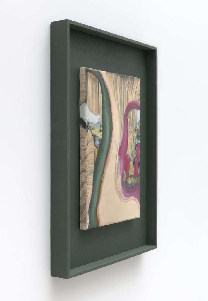 April Street “Mask with Red Fruit,” 2019 Acrylic and nylon on wood panel and canvas with hand painted frame 18 x 15 x 1.75" [HxWxD] (45.72 x 38.1 x 4.45 cm) Inventory #STR154 Courtesy of the artist and Vielmetter Los Angeles Photo credit: Robert Wedemeyer Signed on verso