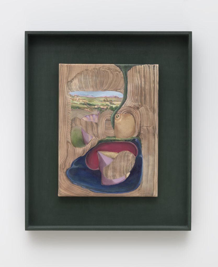 April Street “View of the Lagoon,” 2019 Acrylic and nylon on wood panel and canvas with hand painted frame 18 x 15 x 1.75" [HxWxD] (45.72 x 38.1 x 4.45 cm) Inventory #STR157 Courtesy of the artist and Vielmetter Los Angeles Photo credit: Robert Wedemeyer Signed on verso