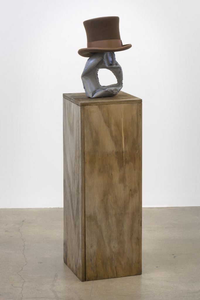 Edgar Arceneaux, Blue Bert, 2017, Cast aluminum, enamel, hat, pedestal, 51.5 x 12.75 x 12.5" [HxWxD], Photo credit: Robert Wedemeyer
