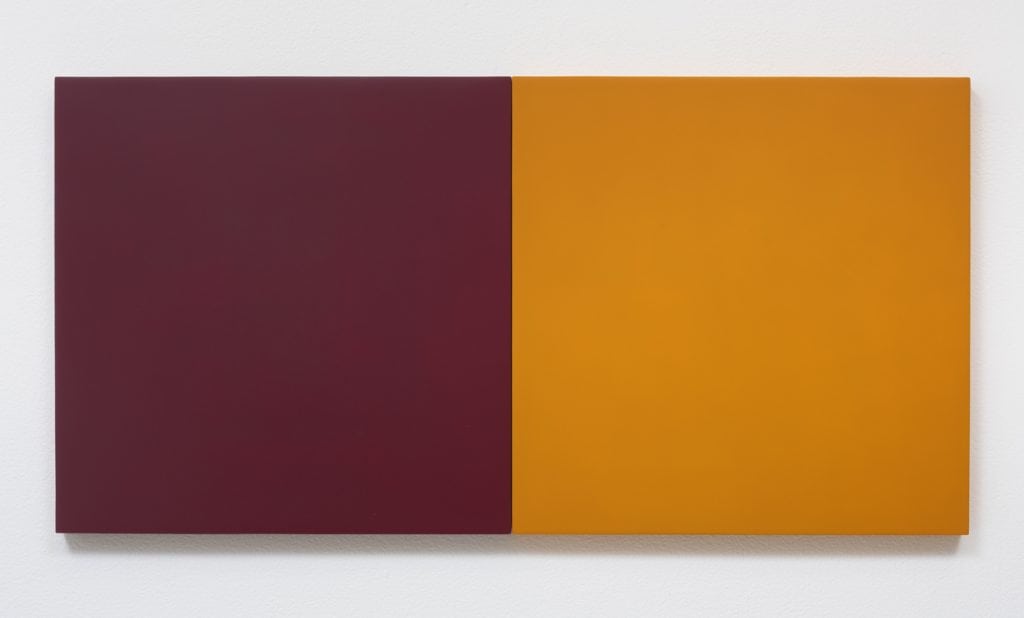 Lies Kraal, 16-6, 2016, Acrylic on hardboard panels, 15" H x 30" W (38.1 cm H x 76.2 cm W) (diptych), Photo cred: Robert Wedemeyer